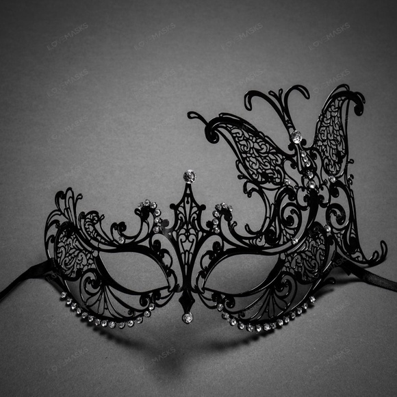Demon Skull Laser Cut Black Metal Masquerade Mask With Red Rhinestones